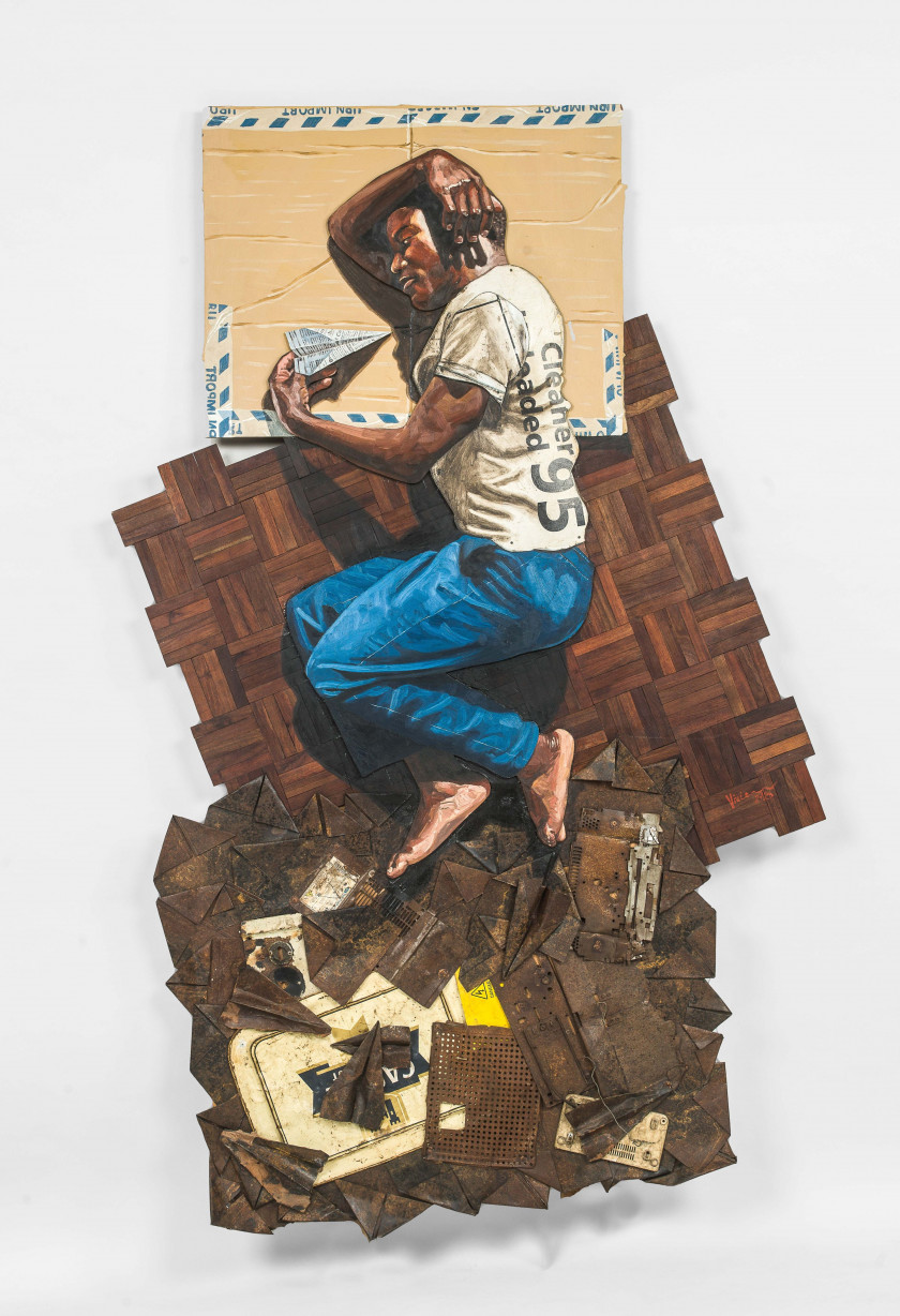 ¤ Vivien KOHLER né en 1976 - Afrique du sud Ponders says jump, 2013 Huile sur Isorel, collage d'objets trouvés en métal et de lattes d