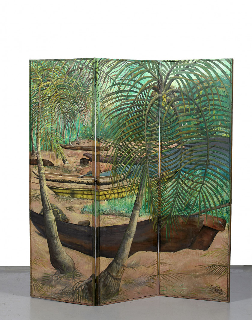 Idrissa DIARRA né en 1969 - Côte d'Ivoire Sans titre (tryptique végétation), 2005-2006 Huile sur paravent en bois recto verso