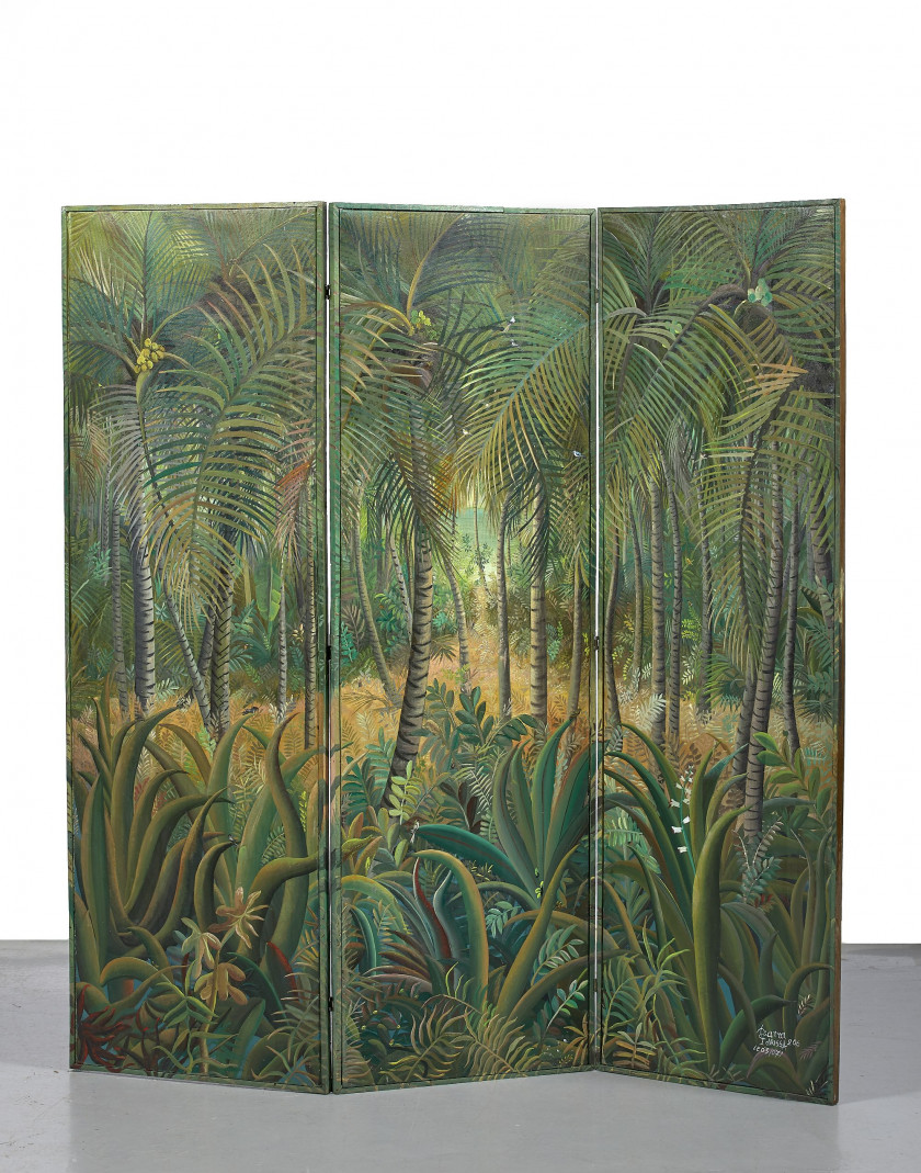 Idrissa DIARRA né en 1969 - Côte d'Ivoire Sans titre (tryptique végétation), 2005-2006 Huile sur paravent en bois recto verso