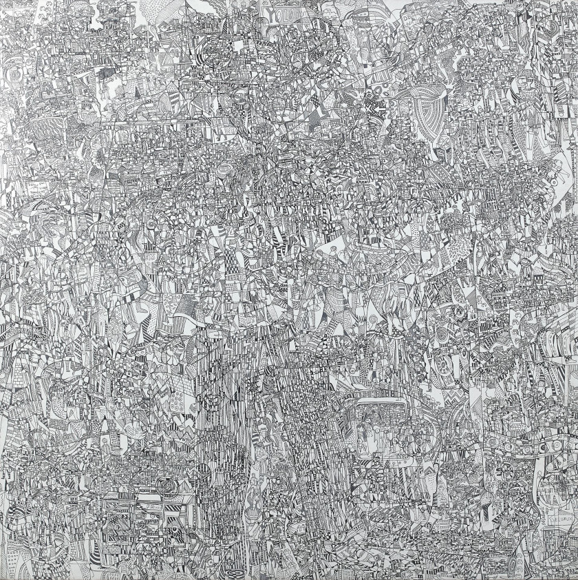 Houston MALUDI né en 1978 - République Démocratique du Congo La Fréquence Urbaine, 2020 Encre de Chine et apprêt sur toile