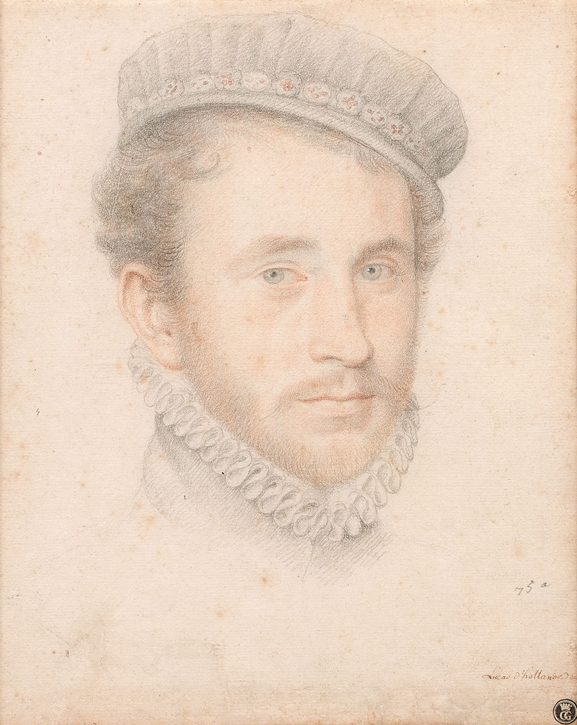 Ecole française du XVIe siècle Atelier de François Clouet Portrait d'homme au chapeau et à la fraise, vers 1565 Crayon noir, estompe..