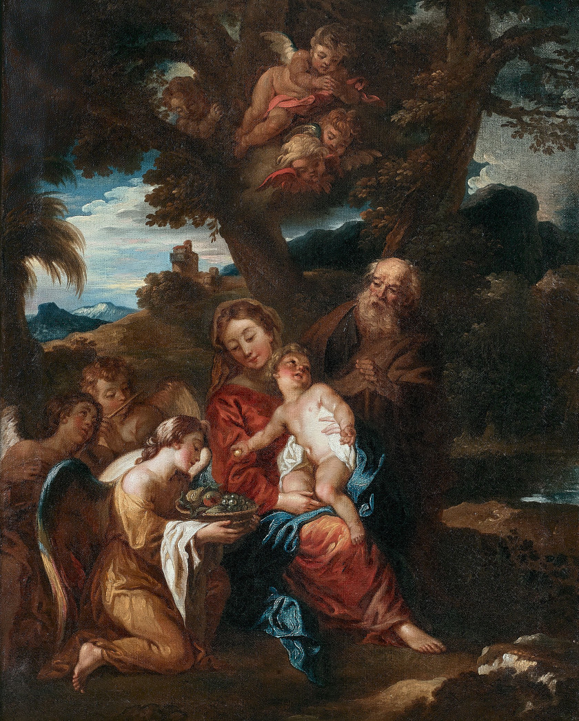 Charles de LA FOSSE Paris, 1636 - 1716 La Sainte Famille pendant la fuite en Egypte servie par les anges Huile sur toile (Toile d'or..