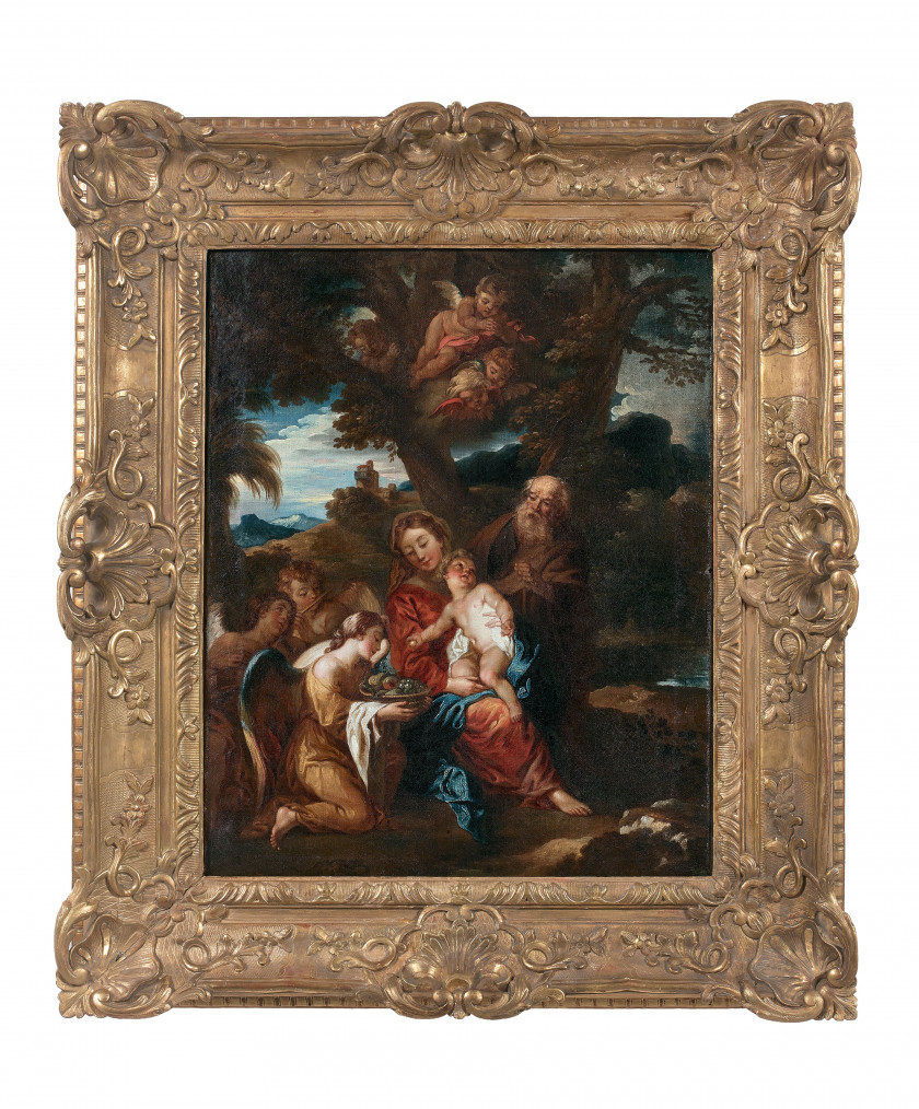 Charles de LA FOSSE Paris, 1636 - 1716 La Sainte Famille pendant la fuite en Egypte servie par les anges Huile sur toile (Toile d'or..