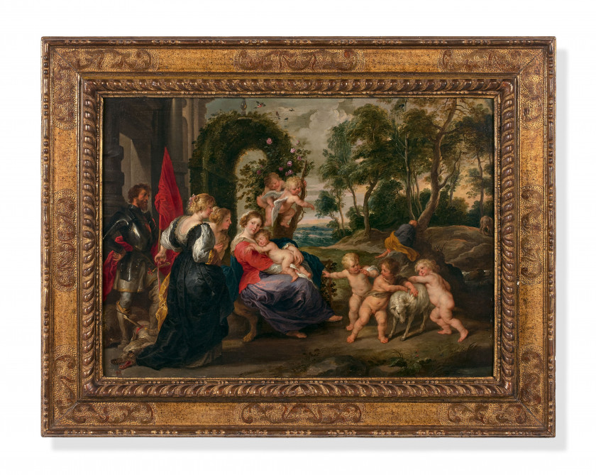 Ecole flamande du XVIIe siècle Entourage de Pierre-Paul Rubens Le repos de la Sainte Famille pendant la fuite en Egypte, d'après Pie..