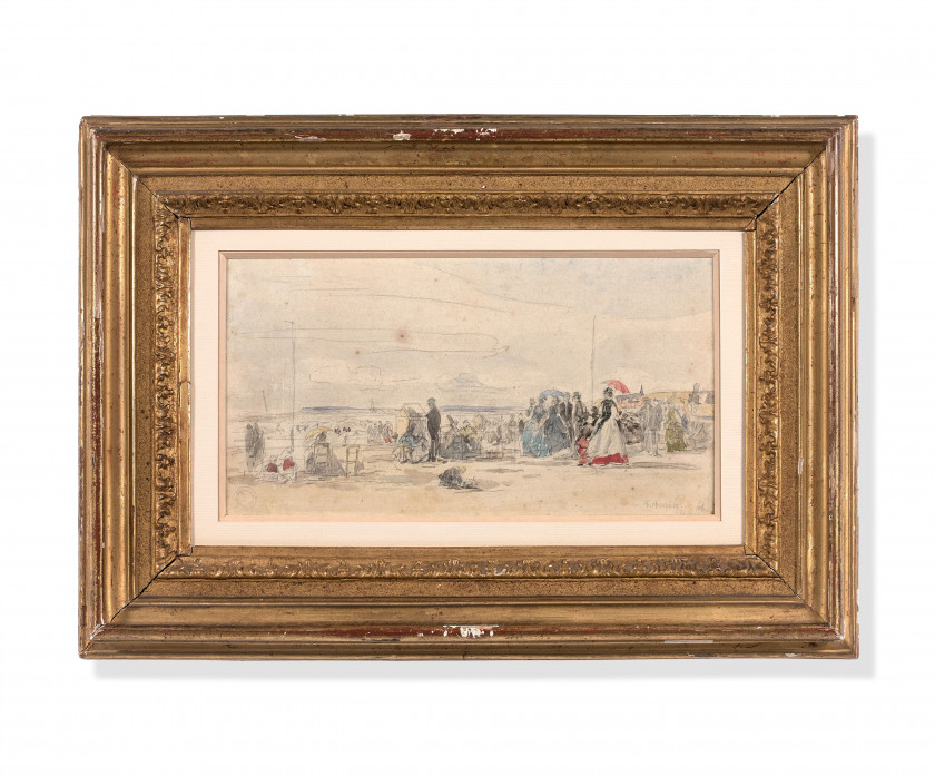 Eugène BOUDIN Honfleur, 1824 - Deauville,1898 Scène de plage à Deauville Aquarelle sur trait de crayon