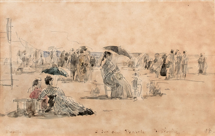 Eugène BOUDIN Honfleur, 1824 - Deauville,1898 Crinolines sur la plage à Trouville Aquarelle sur trait de crayon