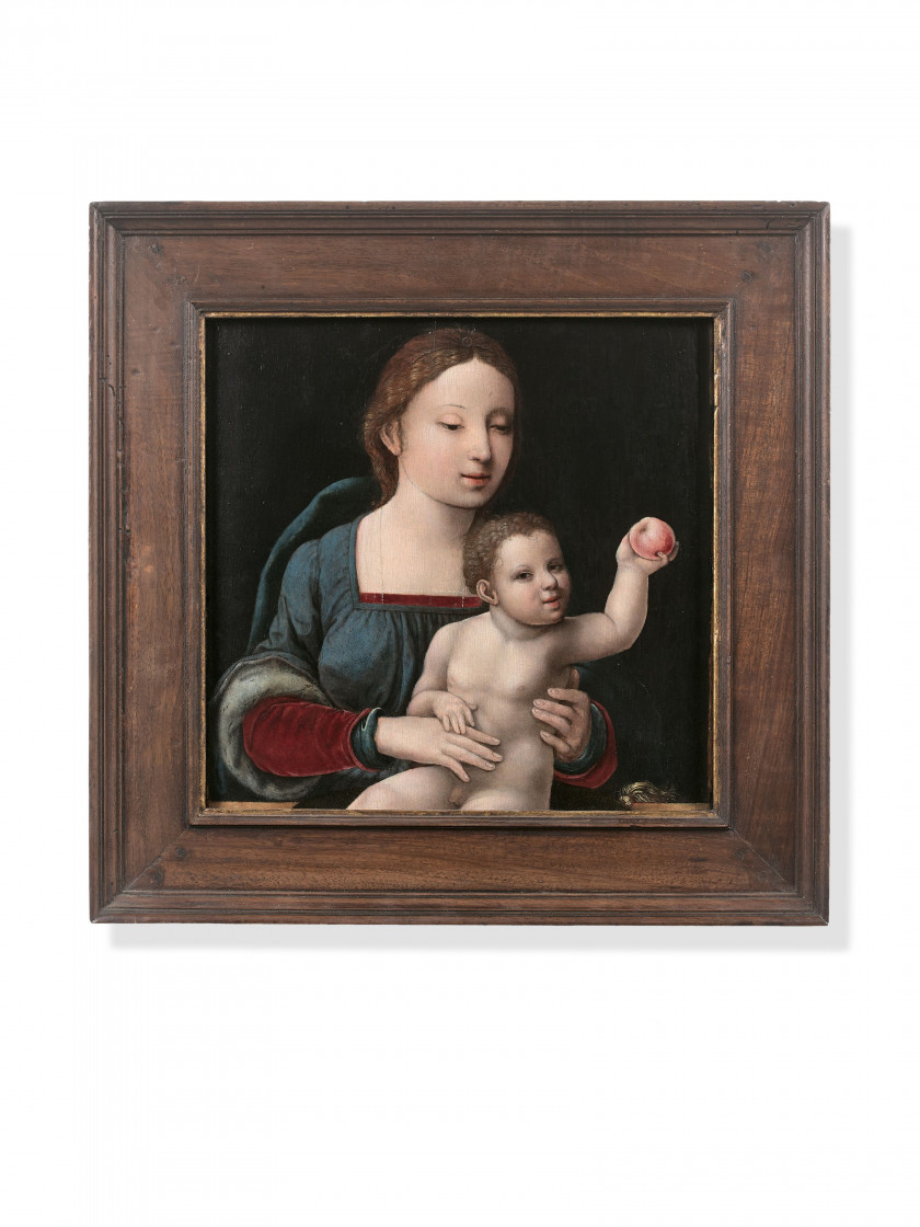 Attribué au Maître des Demi-Figures féminines Actif à Anvers dans la première moitié du XVIe siècle La Vierge à l'Enfant tenant une...