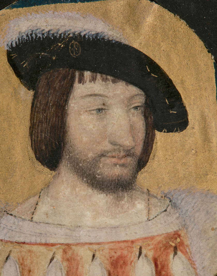 Jean CLOUET Bruxelles, 1480 - Paris, 1541 Portrait de François Ier, roi de France Gouache et or sur vélin, de forme ovale, diminué d...