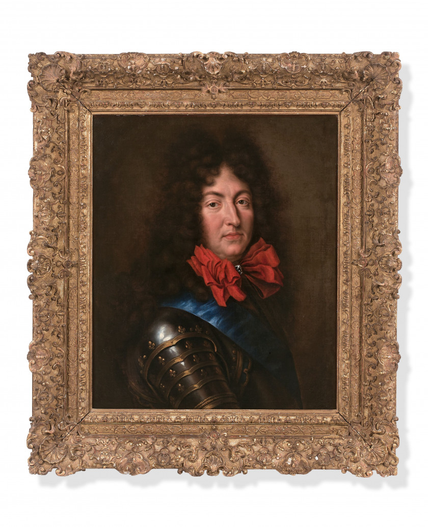 Ecole française du XVIIe siècle  Portrait en buste du roi Louis XIV en cuirasse Huile sur toile