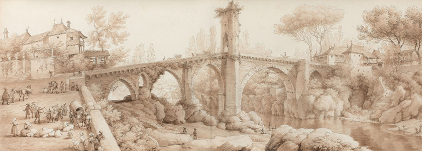 Attribué à Louis Nicolas Philippe Auguste, comte de FORBIN La Roque-d'Anthéron, 1777 - Paris, 1841 Scène de marché près d'un pont La.
