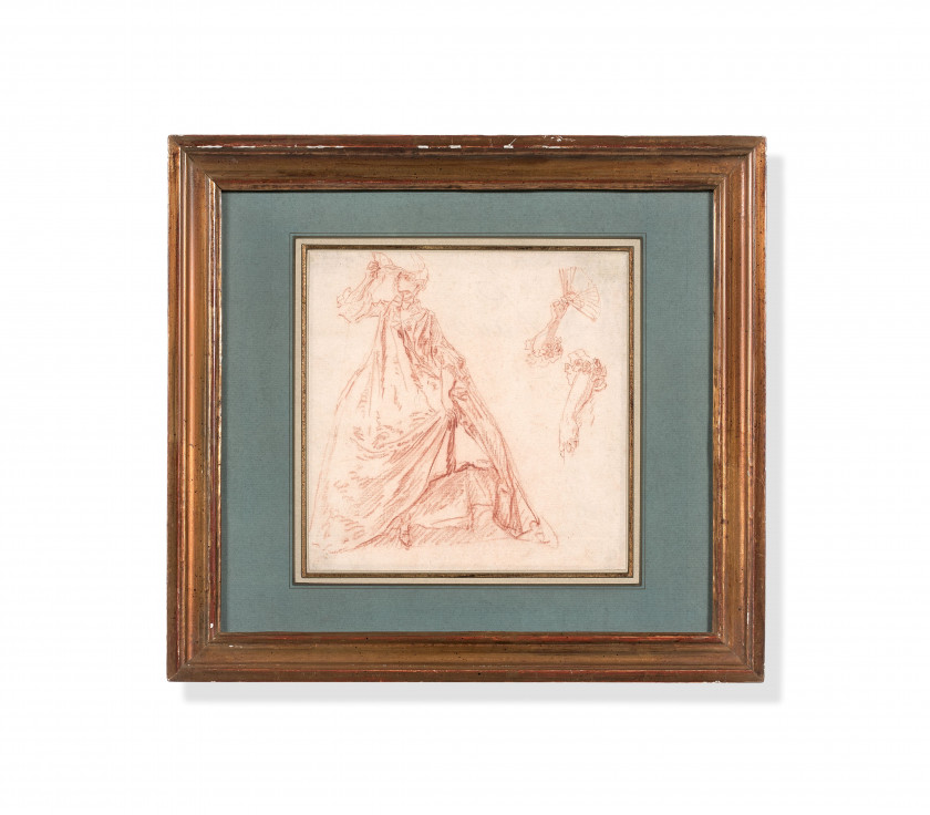 Nicolas LANCRET Paris, 1690 - 1743 Elégante tenant un éventail et deux études de main Sanguine