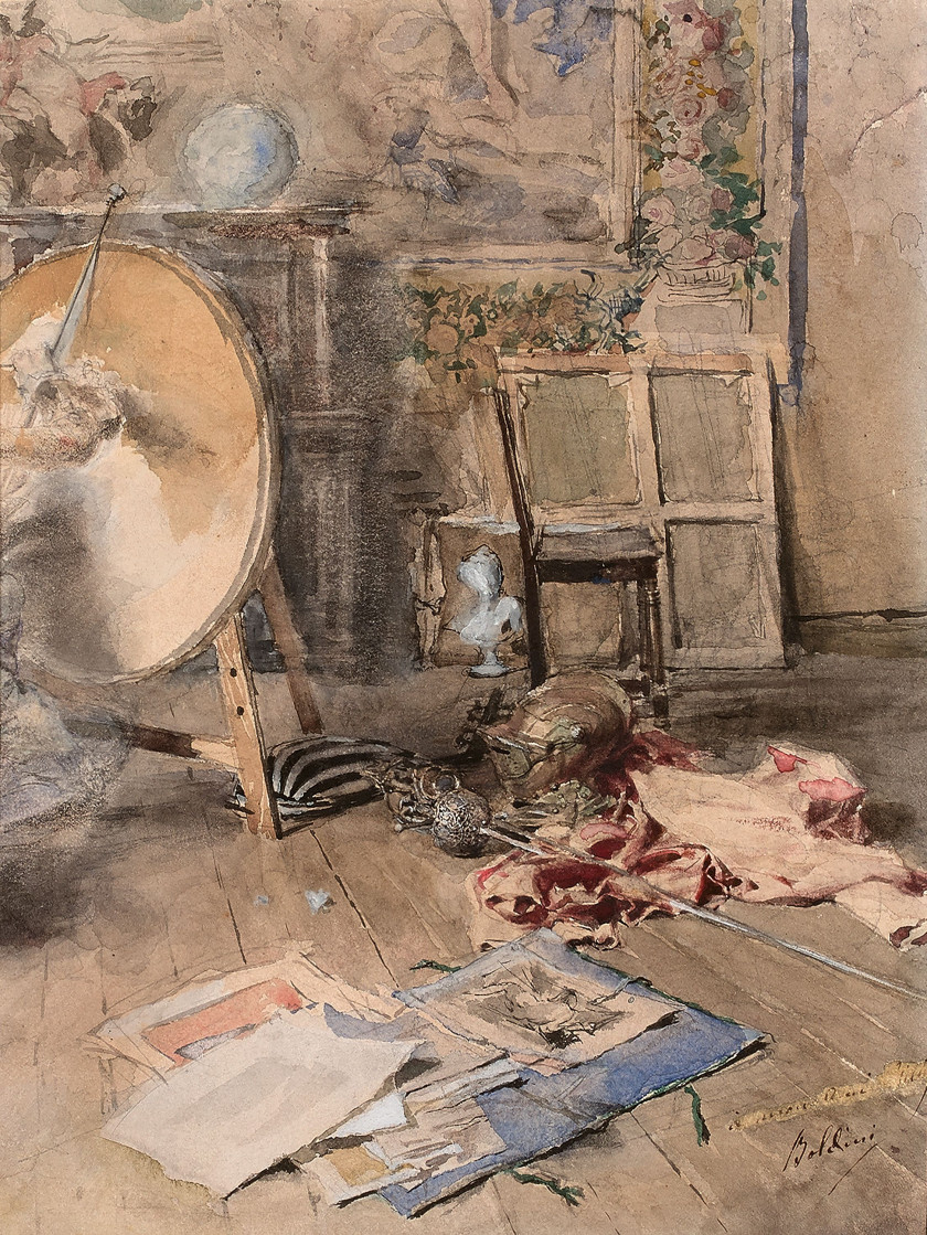 Giovanni BOLDINI Ferrare, 1842- Paris, 1931 L'atelier de l'artiste Aquarelle gouachée sur trait de crayon