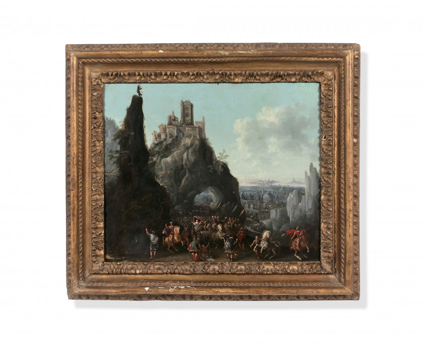 Jean-Georges BERDOT Montbéliard, 1614 - (?), avant 1679 Ermite sur un piton rocheux haranguant le convoi d'une reine Huile sur cuivr..