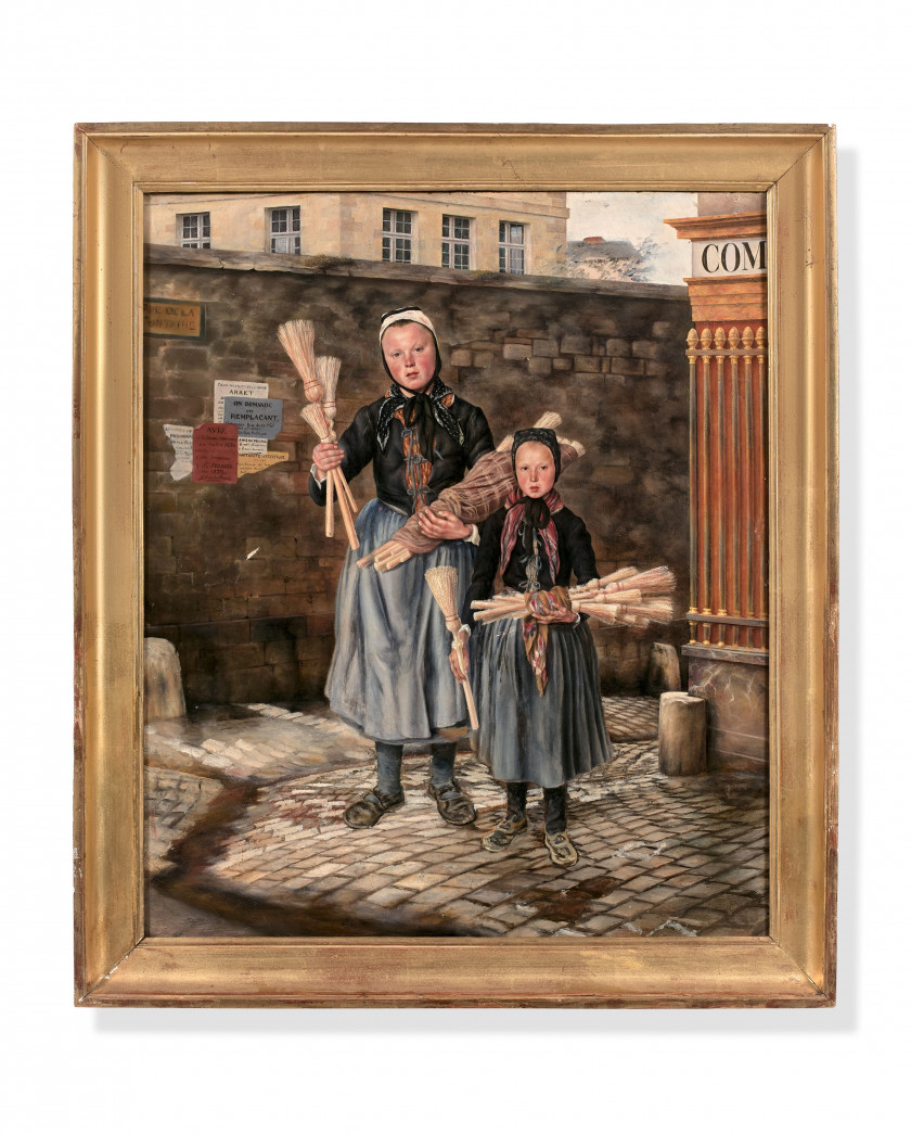 Ecole probablement française, vers 1832  Les petites marchandes de balais Huile sur toile (Toile d'origine)