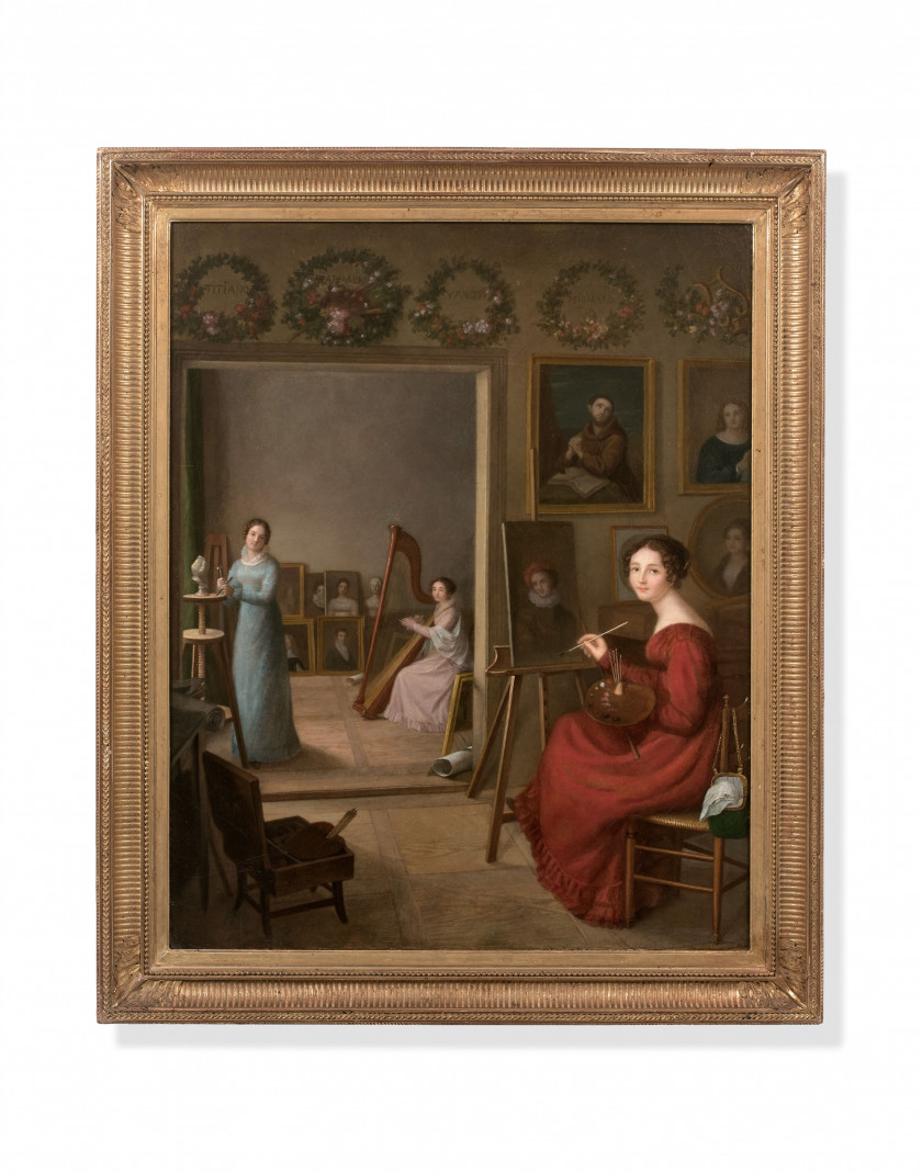 Ecole française vers 1815 (Brante) Autoportrait d'une artiste aux triples talents Huile sur toile