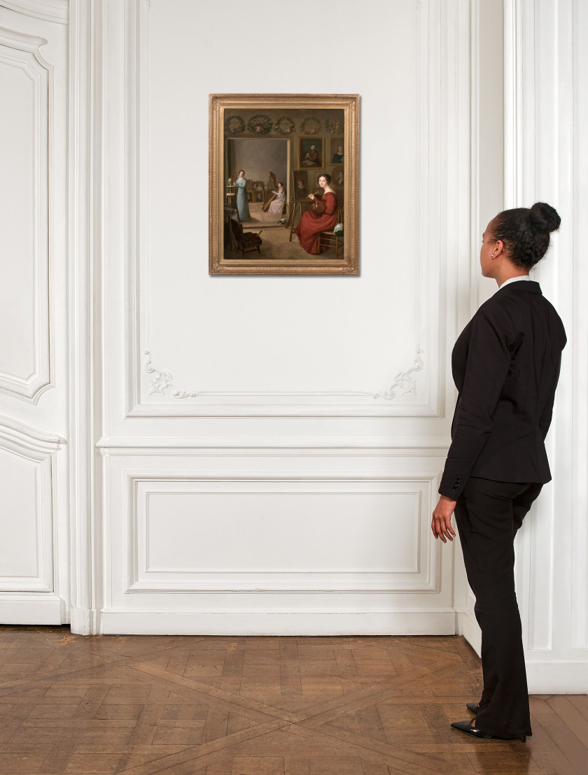 Ecole française vers 1815 (Brante) Autoportrait d'une artiste aux triples talents Huile sur toile