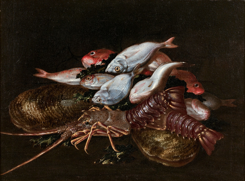 Elena RECCO Naples, vers 1654 - Madrid, 1715 Compositions aux poissons et crustacés Paire d'huiles sur toiles