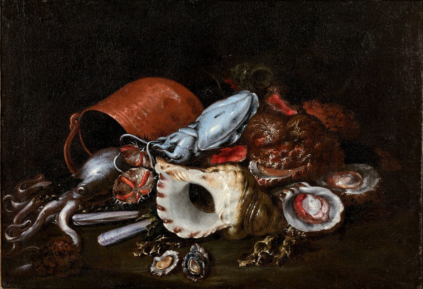 Elena RECCO Naples, vers 1654 - Madrid, 1715 Compositions aux poissons et crustacés Paire d'huiles sur toiles