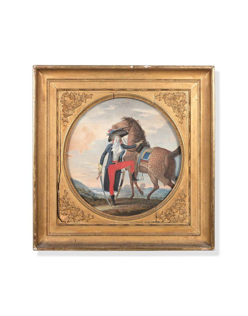 Ecole française de la fin du XVIIIe siècle  Officier de la Révolution française et son cheval Aquarelle gouachée et gomme arabique s...