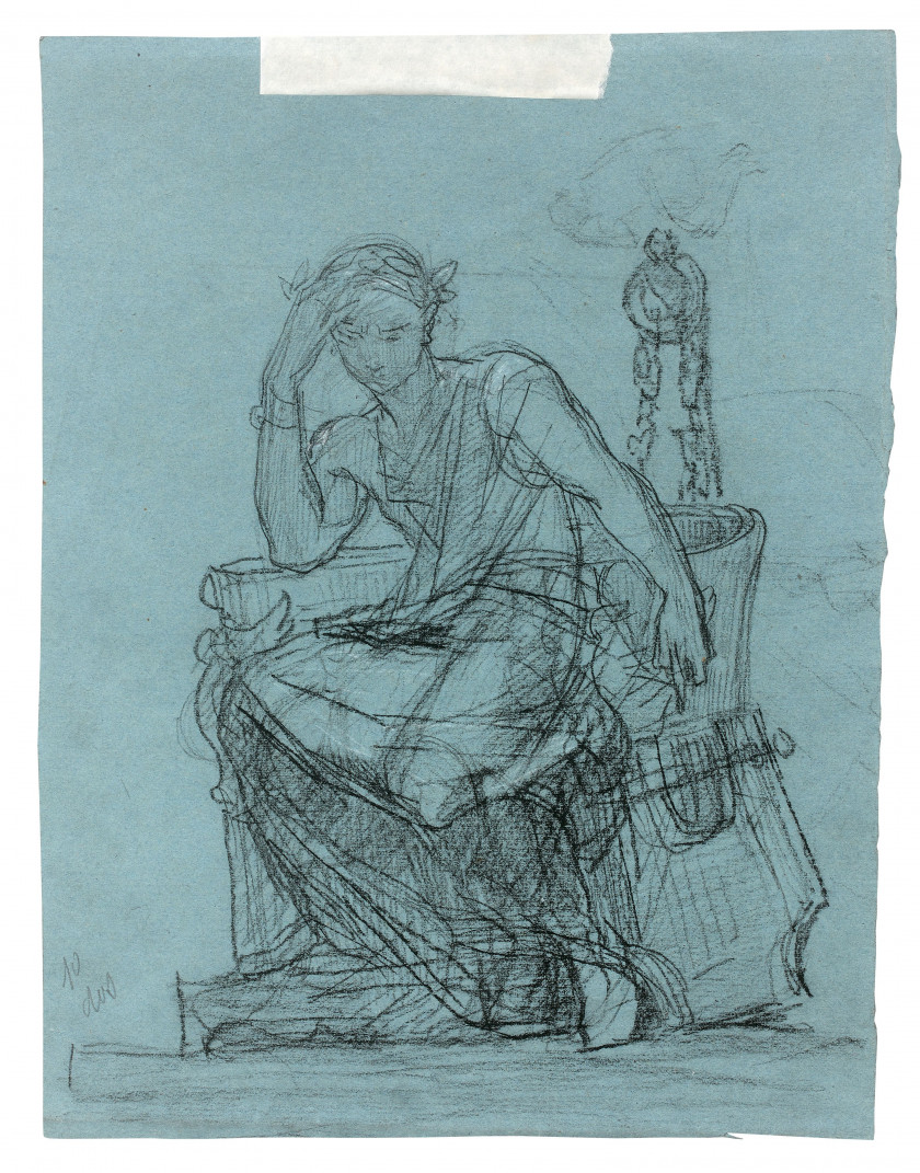 Thomas COUTURE Senlis, 1815 - Villiers, 1879 Damoclès assis (recto et verso) Crayon noir et craie blanche sur papier bleu