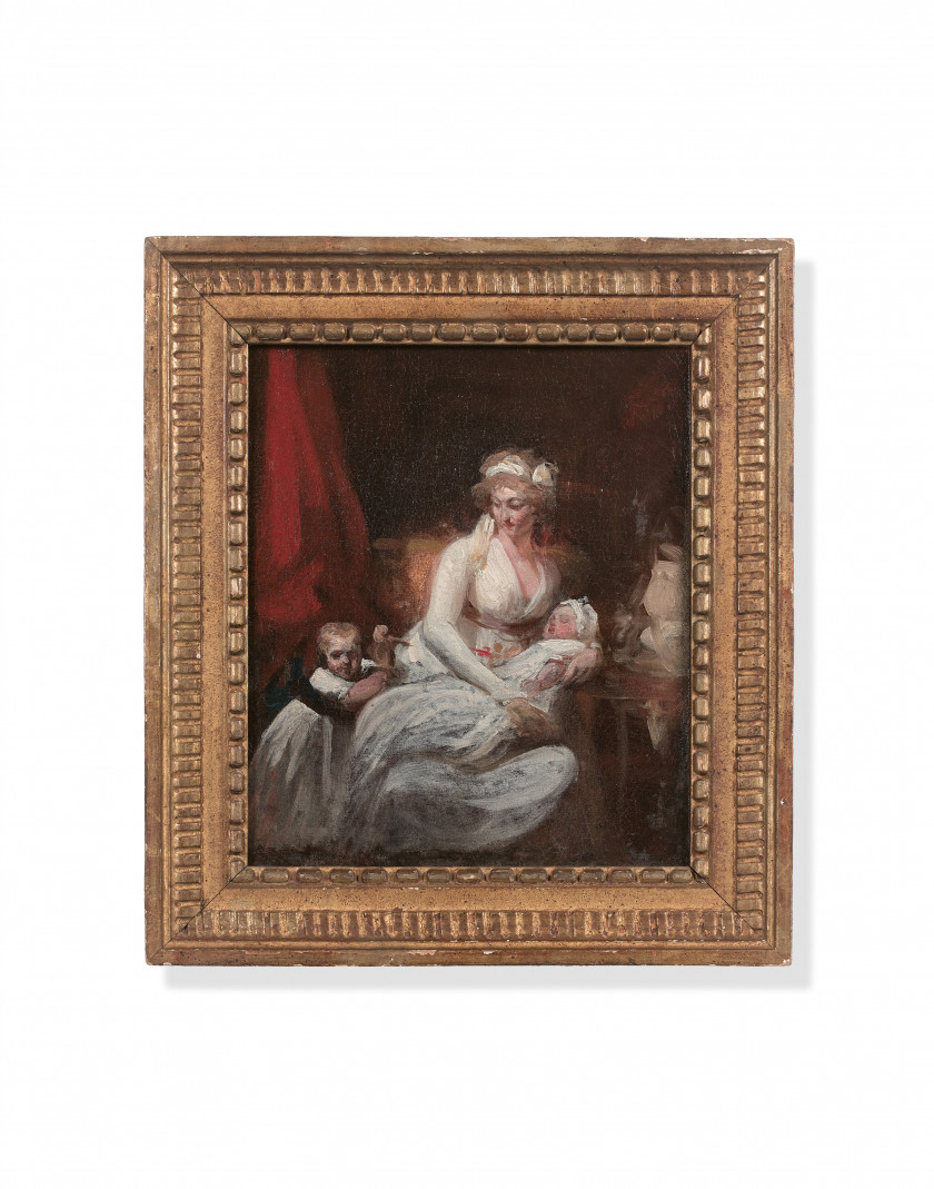 Henri-Pierre DANLOUX Paris, 1753 - 1809 Portrait d'une mère et de ses deux enfants dans un intérieur Huile sur toile (Toile d'origin.