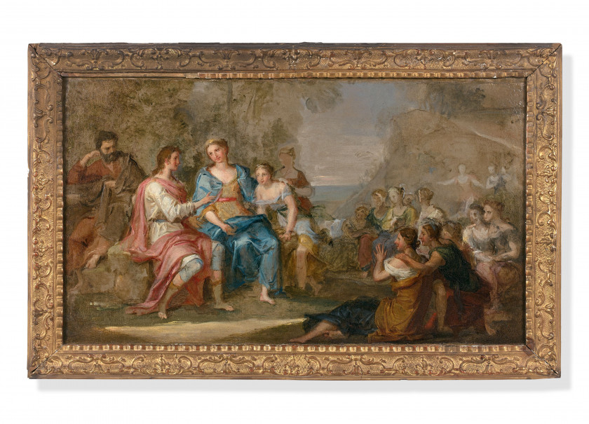 ¤ Louis GALLOCHE Paris, 1670 - 1761 Télémaque faisant le récit de ses aventures à Calypso Huile sur toile