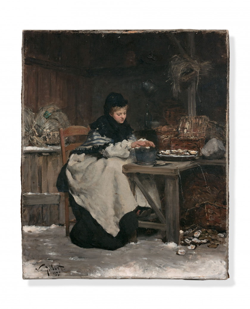 Victor GILBERT Paris, 1847 - 1933 Femme assise à une table se réchauffant les mains après avoir ouvert des huîtres Huile sur toile (...