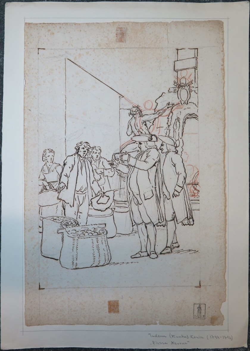 Tadeusz KUNTZE, dit aussi Taddeo POLACCO Zielona-Gora, 1727- Rome, 1793 Les acheteurs d'Antique Plume et encre brune sur trait de cr..