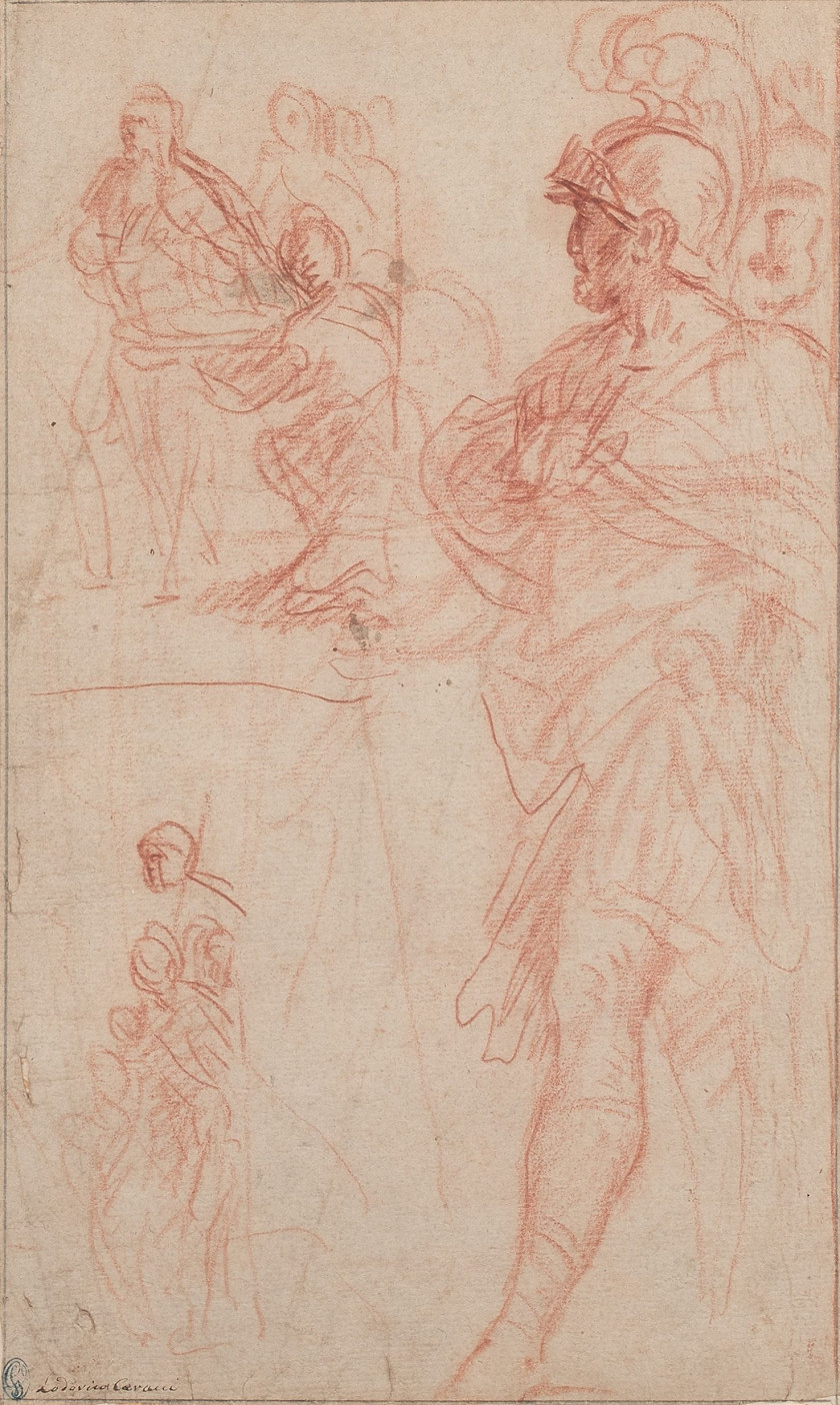 Pietro da CORTONA Cortona, 1596 - Rome, 1669 Etude de général romain et de figures Sanguine, trait d'encadrement au crayon noir