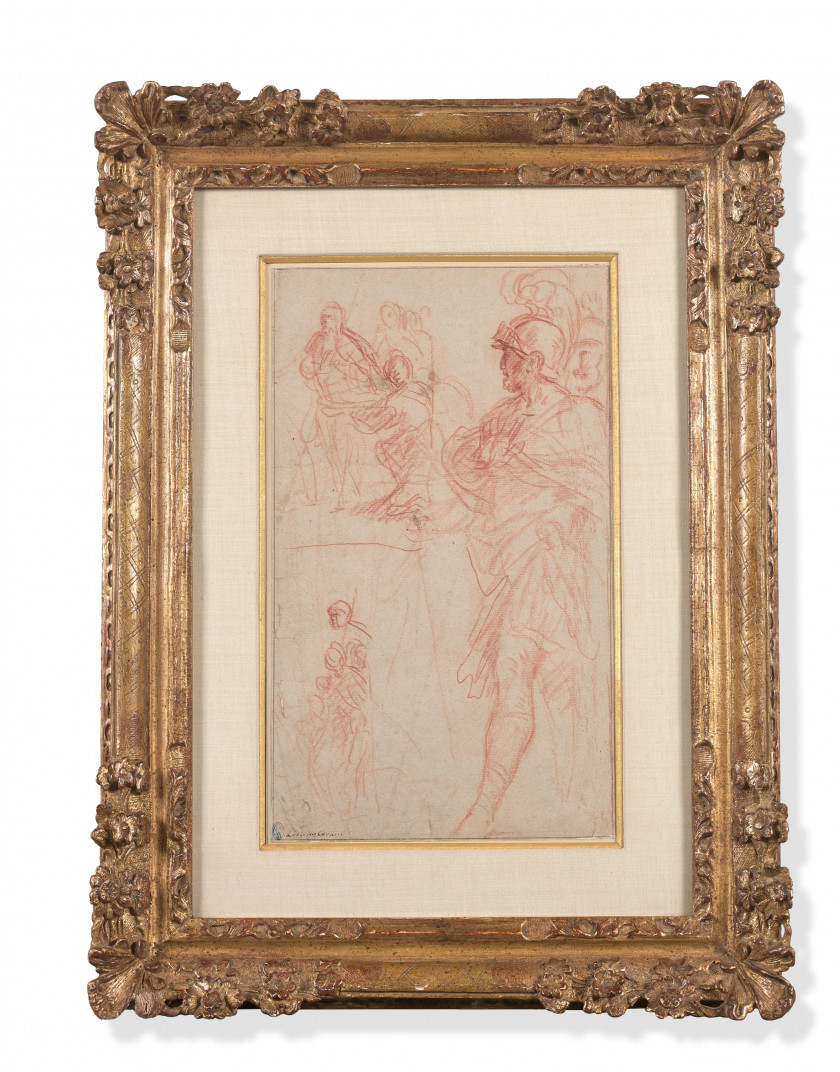 Pietro da CORTONA Cortona, 1596 - Rome, 1669 Etude de général romain et de figures Sanguine, trait d'encadrement au crayon noir
