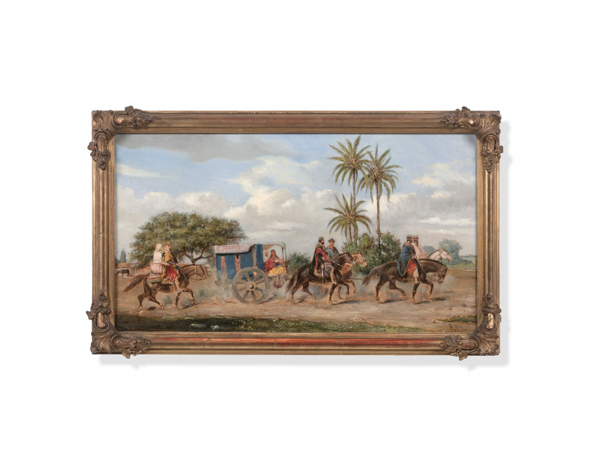 Jean-Léon PALLIÈRE Rio de Janeiro, 1823 - Lorris, 1887 Une caravane de gauchos et leurs chariots traversant la Pampa, Argentine Huil...