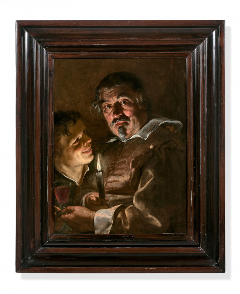Adam de COSTER Malines, vers 1586 - Anvers, 1643 Homme mur et jeune garçon tenant un verre de vin à la lumière d'une bougie Huile su..
