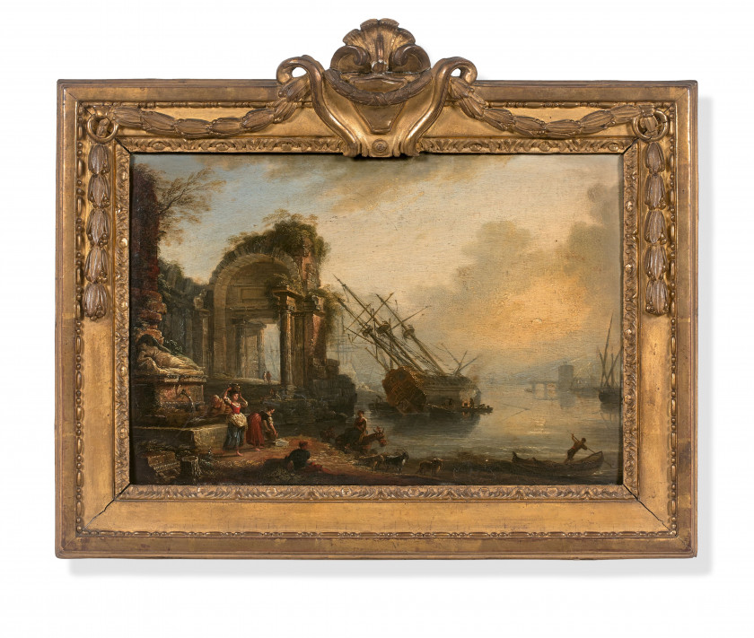 Jean-Baptiste LALLEMAND Dijon, 1716 - Paris, 1803 Littoral animé de personnages au Levant et Littoral animé de personnages au coucha...