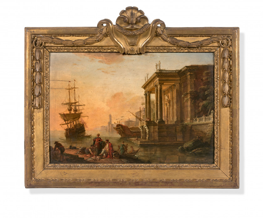 Jean-Baptiste LALLEMAND Dijon, 1716 - Paris, 1803 Littoral animé de personnages au Levant et Littoral animé de personnages au coucha...