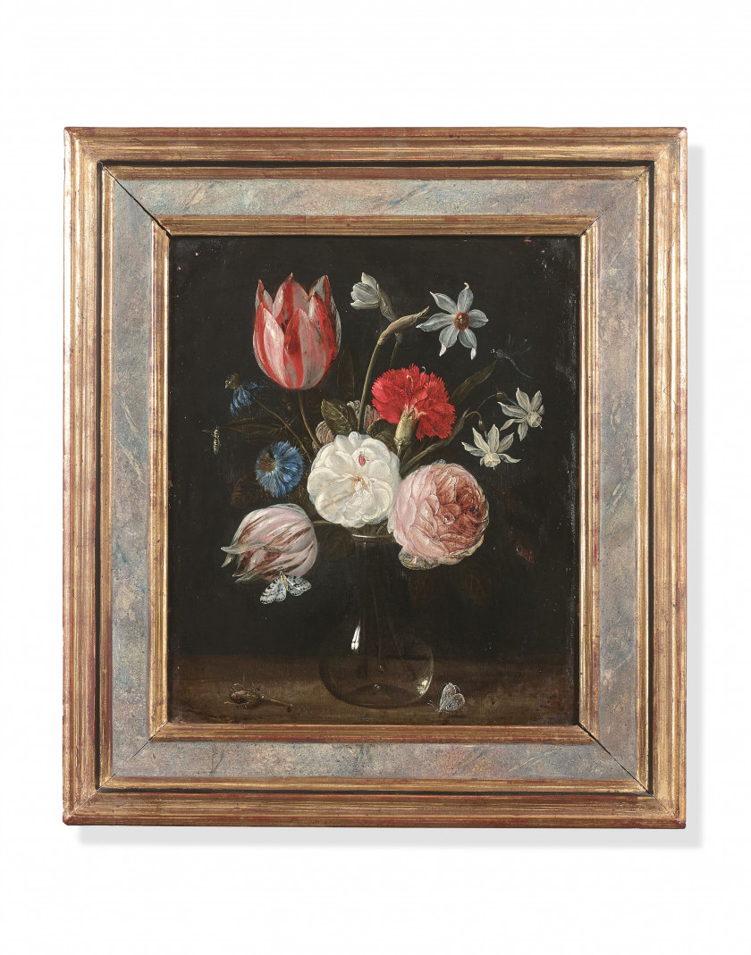 Jan van KESSEL l'Ancien Anvers, 1626 - 1679 Vases de fleurs sur des entablements Paire d'huiles sur cuivres