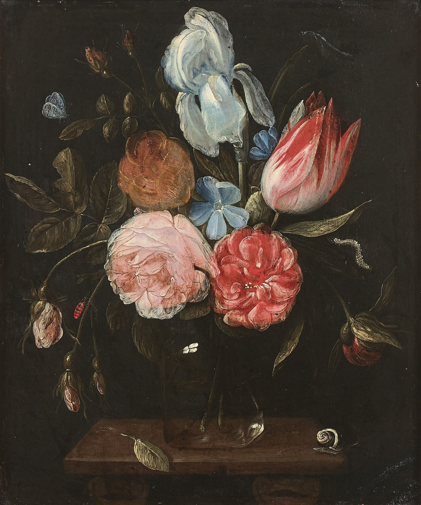 Jan van KESSEL l'Ancien Anvers, 1626 - 1679 Vases de fleurs sur des entablements Paire d'huiles sur cuivres