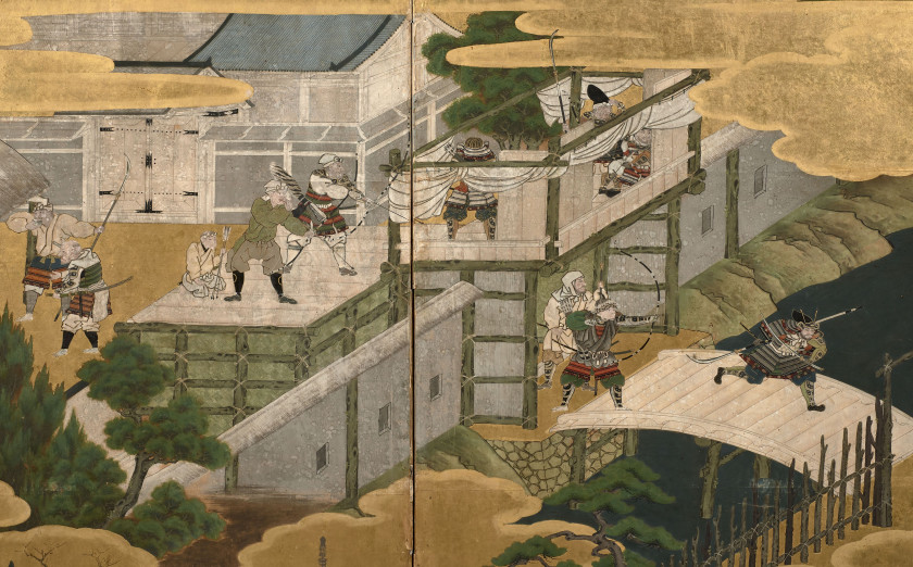 PARAVENT À SIX FEUILLES SUR PAPIER ET FOND DE FEUILLES D'OR, Japon, époque Edo, XVIIIe siècle