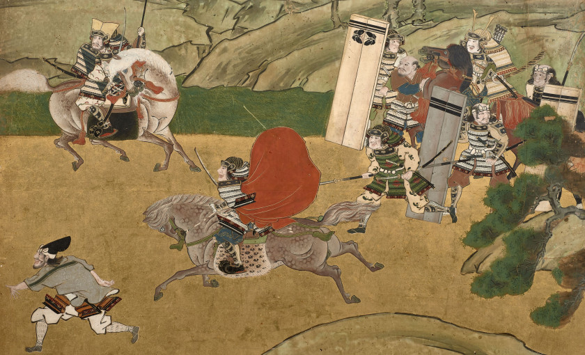 PARAVENT À SIX FEUILLES SUR PAPIER ET FOND DE FEUILLES D'OR, Japon, époque Edo, XVIIIe siècle