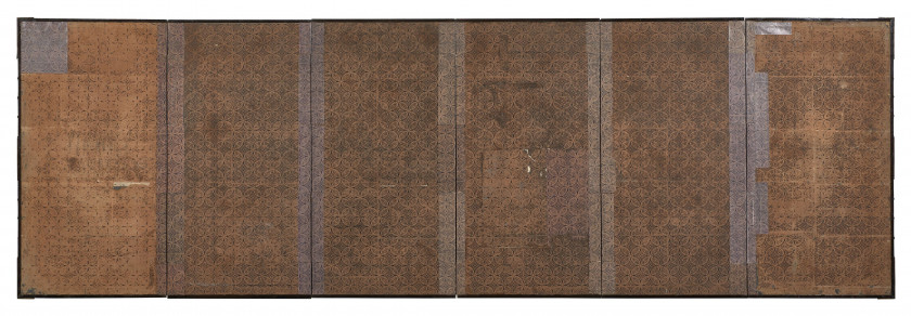 PARAVENT À SIX FEUILLES SUR PAPIER ET FOND DE FEUILLES D'OR, Japon, époque Edo, XVIIIe siècle