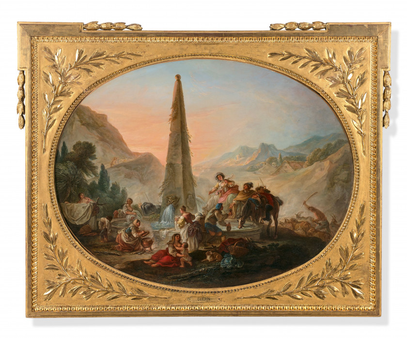 François GUÉRIN Paris, 1717 - 1807 Le retour de la chasse et Scène animée à la fontaine Paire d'huiles sur toiles de forme ovale