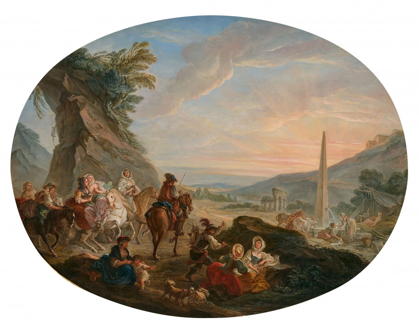 François GUÉRIN Paris, 1717 - 1807 Le retour de la chasse et Scène animée à la fontaine Paire d'huiles sur toiles de forme ovale