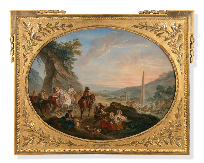 François GUÉRIN Paris, 1717 - 1807 Le retour de la chasse et Scène animée à la fontaine Paire d'huiles sur toiles de forme ovale