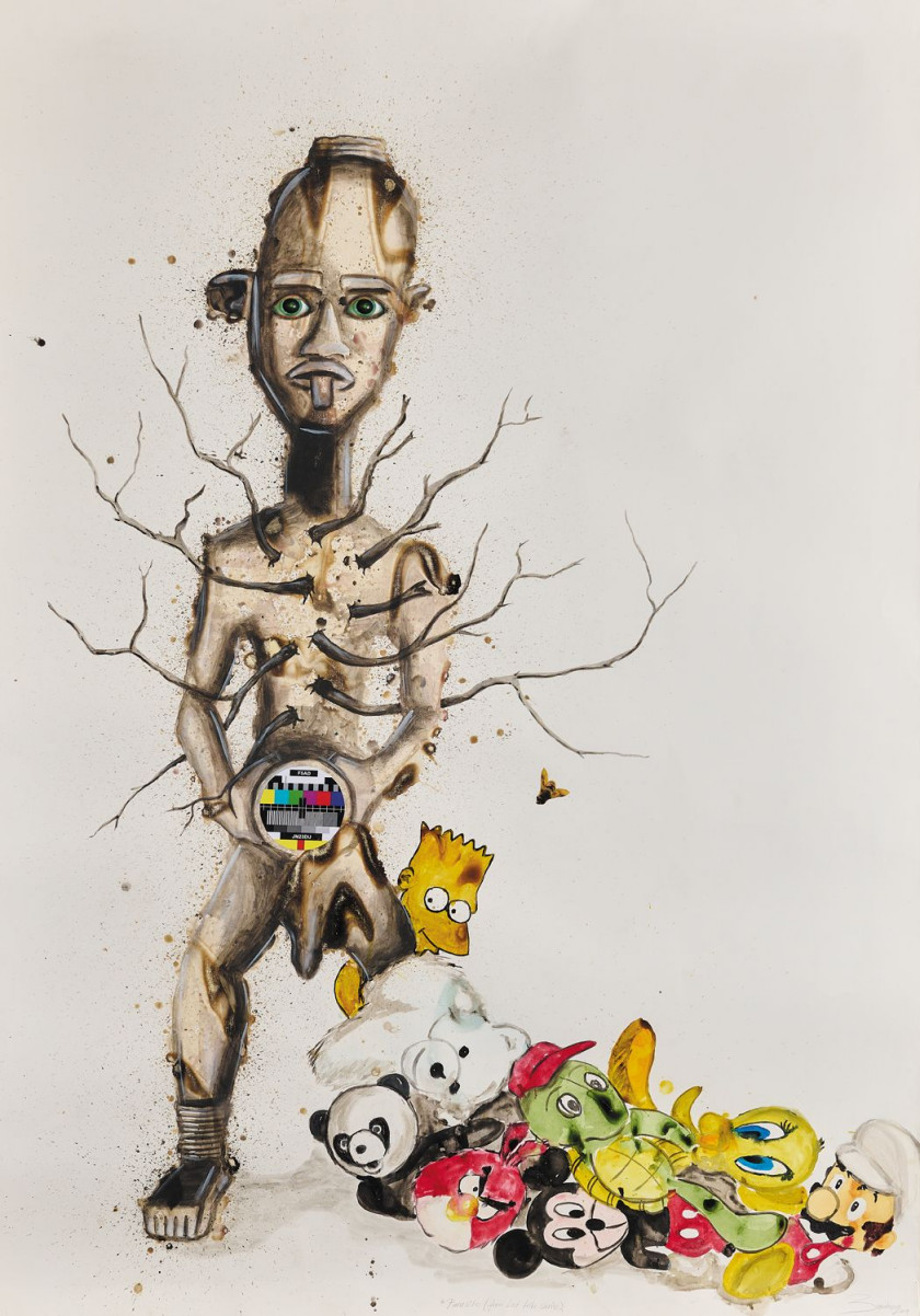 ¤ Steve BANDOMA né en 1981 - Afrique du Sud Parasites (from the lost Tribes series), 2014 Acrylique, aquarelle, crayon et collage sur..