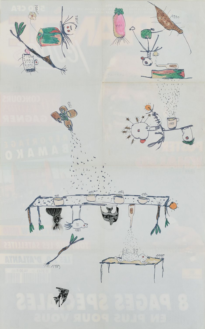 ¤ Pascale Marthine TAYOU né en 1967 - Cameroun Sans titre II, 1997 Crayon, encre et collage sur affiche trouvée