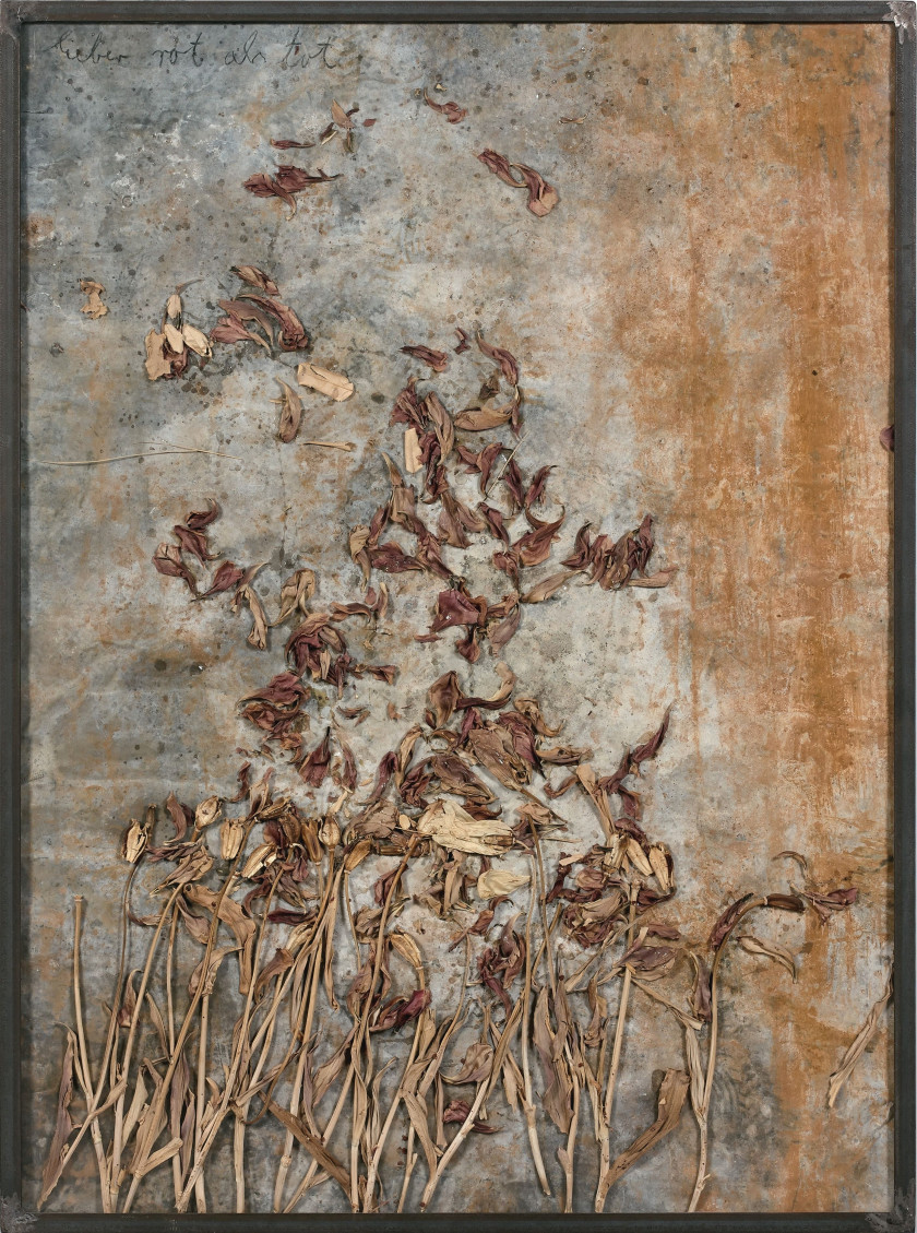 Anselm KIEFER (Né en 1945) LIEBER ROT ALS TOT - 2001 Technique mixte et collage de fleurs séchées sur plomb monté sur panneau