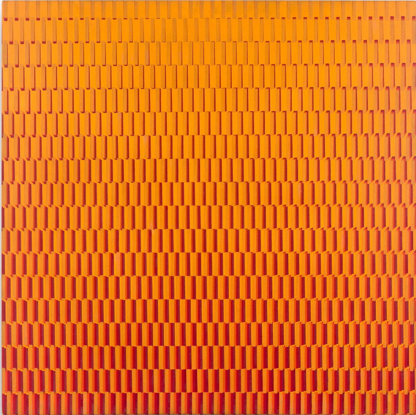 François MORELLET (1926 - 2016) 4 TRAMES DE TIRETS REGULIERS DU JAUNE AU ROUGE SUR FOND JAUNE PIVOTEES SUR LE COTE - 1971 Peinture s...