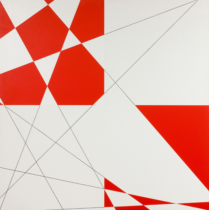 François MORELLET (1926 - 2016) 10 LIGNES AU HASARD HYBRIDES ROUGE ET BLANC D - 2008 Acrylique sur toile montée sur panneau