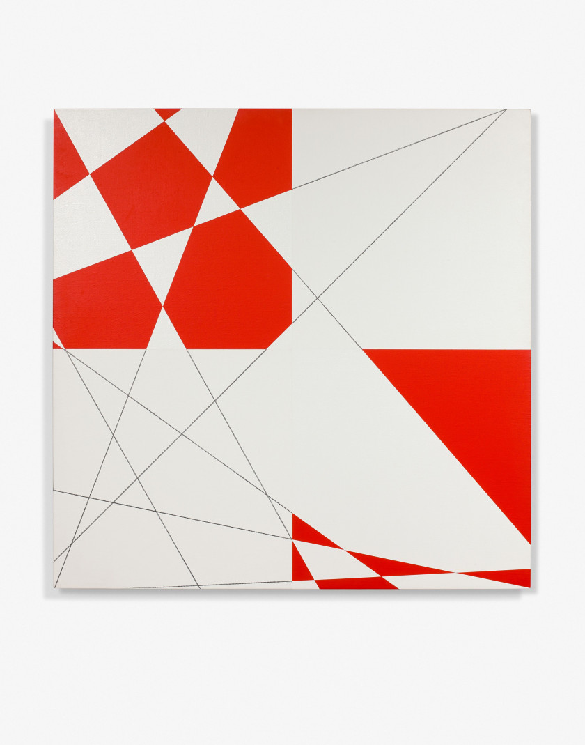 François MORELLET (1926 - 2016) 10 LIGNES AU HASARD HYBRIDES ROUGE ET BLANC D - 2008 Acrylique sur toile montée sur panneau