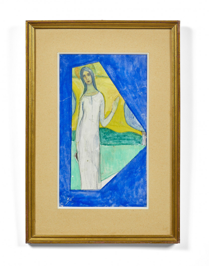 Charles FILIGER 1863- 1928 Sainte bénissant ou Figure de sainte - 1889-1890 Gouache, aquarelle et peinture or sur carton