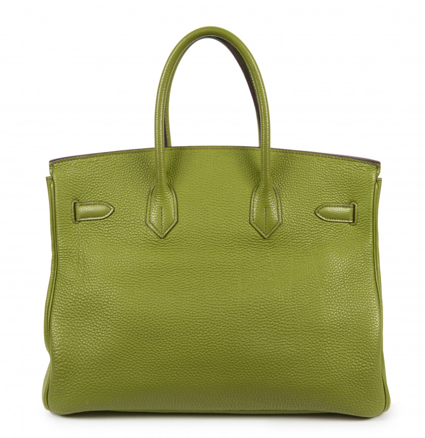 HERMÈS 2005  Sac BIRKIN 35 Veau Togo Vert Anis Piqué sellier gris Garniture métal argenté palladié  BIRKIN 35 bag ...